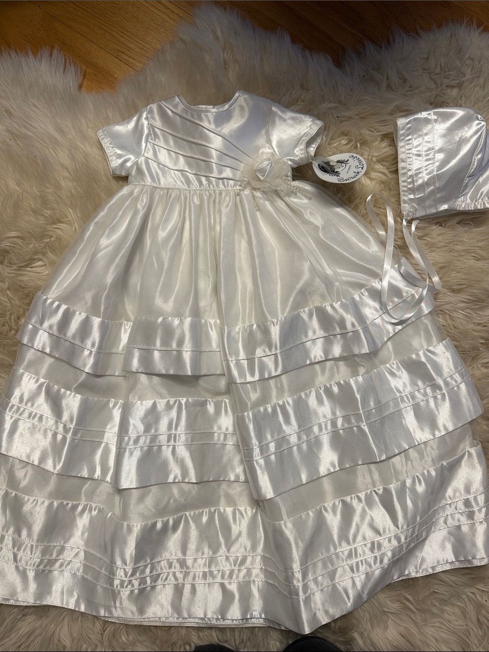 New Classic Satin White Baptism Dress with bonnet (3 months)